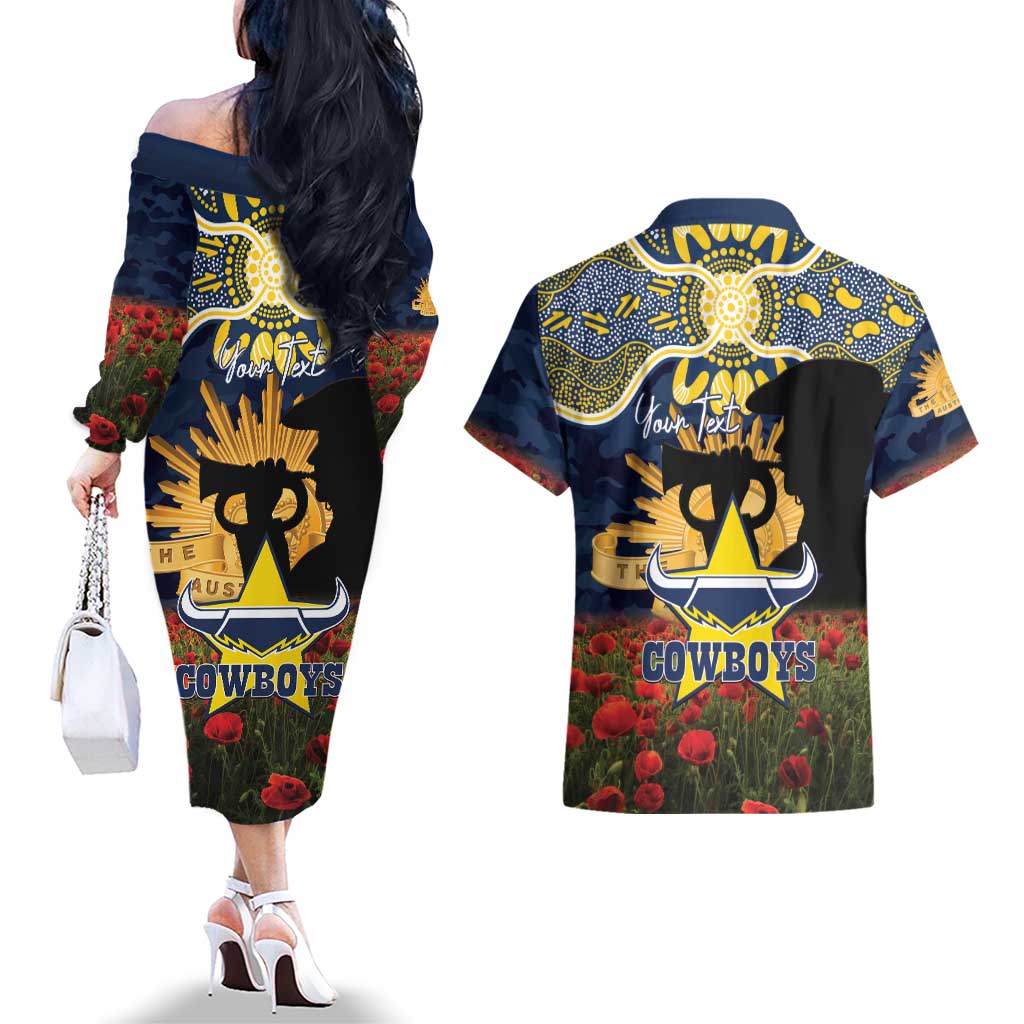 Personalised Cowboys Rugby ANZAC Day Couples Matching Off The Shoulder Long Sleeve Dress and Hawaiian Shirt Last Post Poppy We Will Remember Them