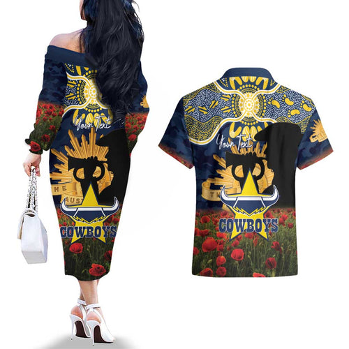 Personalised Cowboys Rugby ANZAC Day Couples Matching Off The Shoulder Long Sleeve Dress and Hawaiian Shirt Last Post Poppy We Will Remember Them