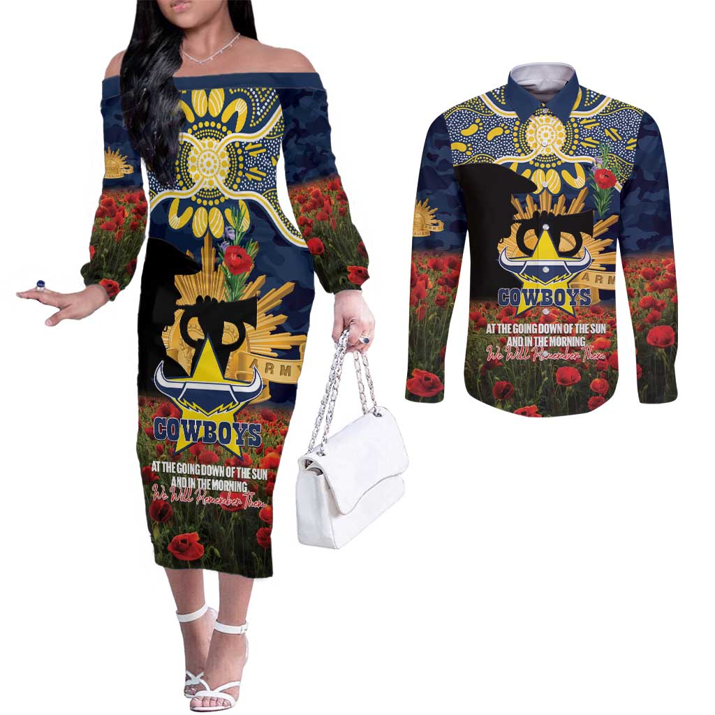 Personalised Cowboys Rugby ANZAC Day Couples Matching Off The Shoulder Long Sleeve Dress and Long Sleeve Button Shirt Last Post Poppy We Will Remember Them