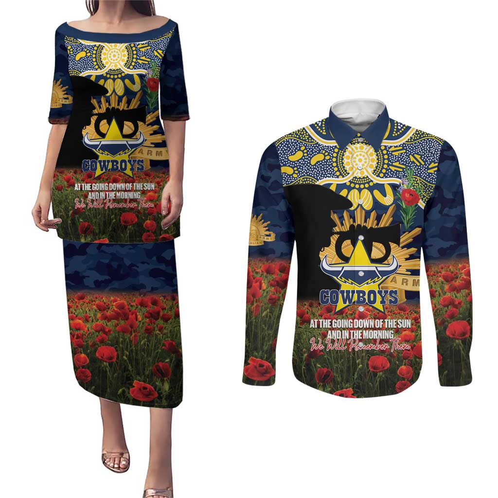 Personalised Cowboys Rugby ANZAC Day Couples Matching Puletasi and Long Sleeve Button Shirt Last Post Poppy We Will Remember Them
