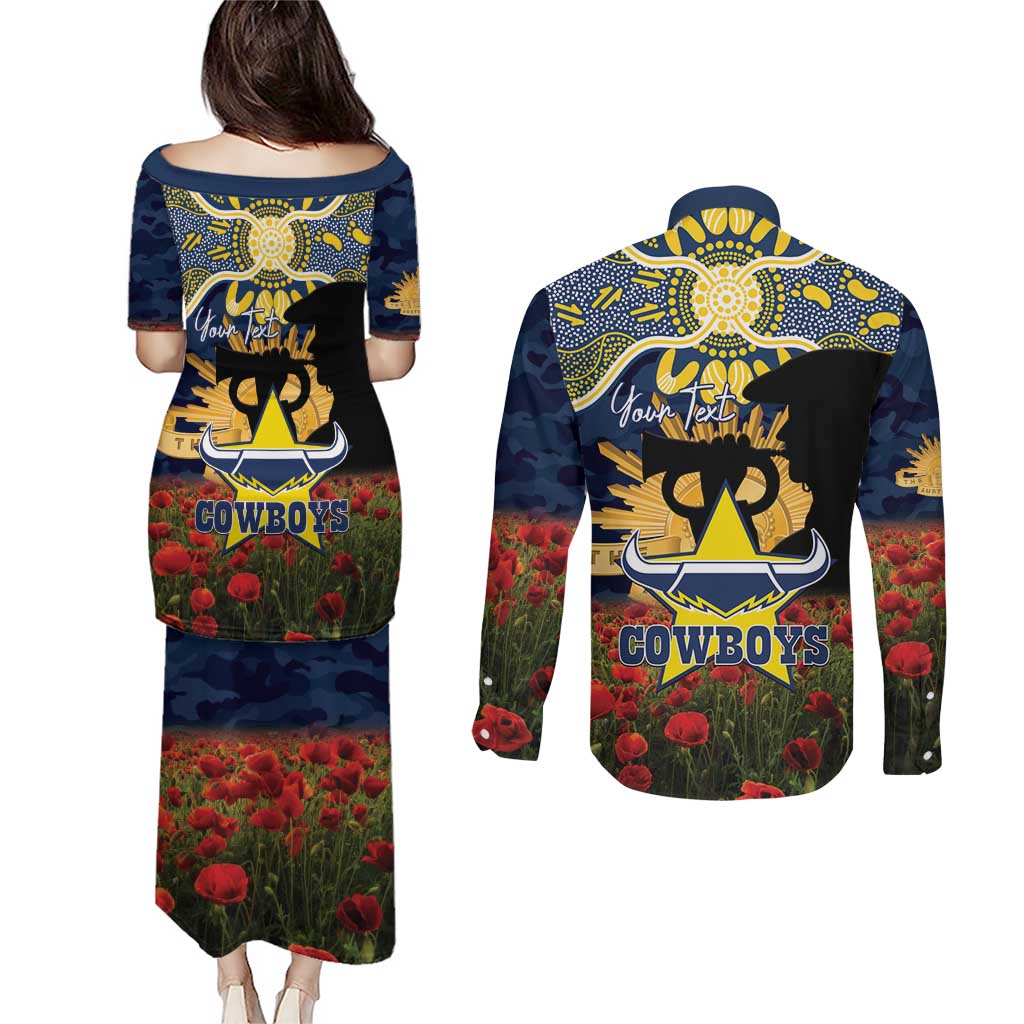 Personalised Cowboys Rugby ANZAC Day Couples Matching Puletasi and Long Sleeve Button Shirt Last Post Poppy We Will Remember Them