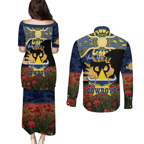 Personalised Cowboys Rugby ANZAC Day Couples Matching Puletasi and Long Sleeve Button Shirt Last Post Poppy We Will Remember Them