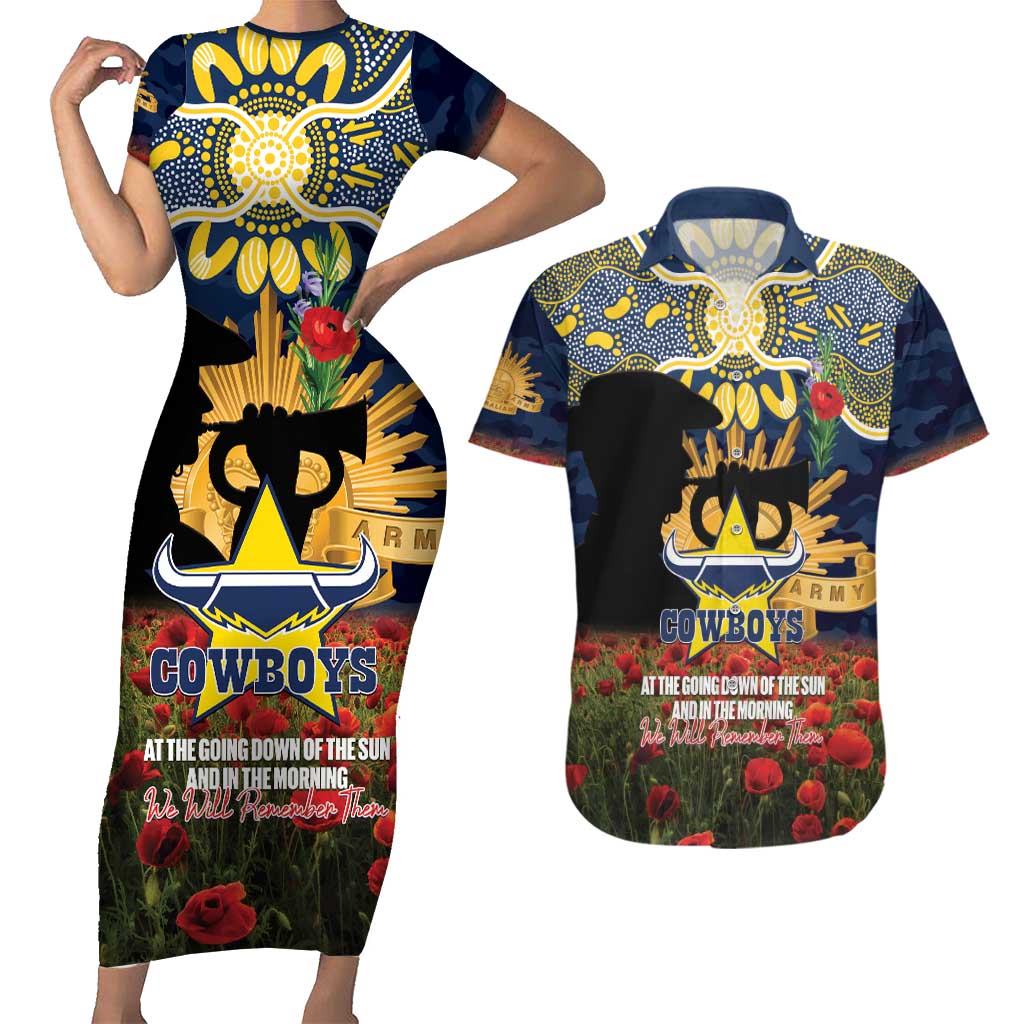 Personalised Cowboys Rugby ANZAC Day Couples Matching Short Sleeve Bodycon Dress and Hawaiian Shirt Last Post Poppy We Will Remember Them