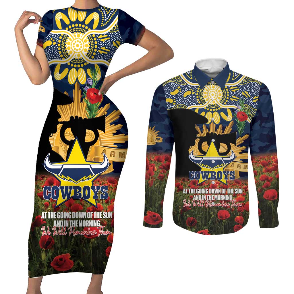 Personalised Cowboys Rugby ANZAC Day Couples Matching Short Sleeve Bodycon Dress and Long Sleeve Button Shirt Last Post Poppy We Will Remember Them
