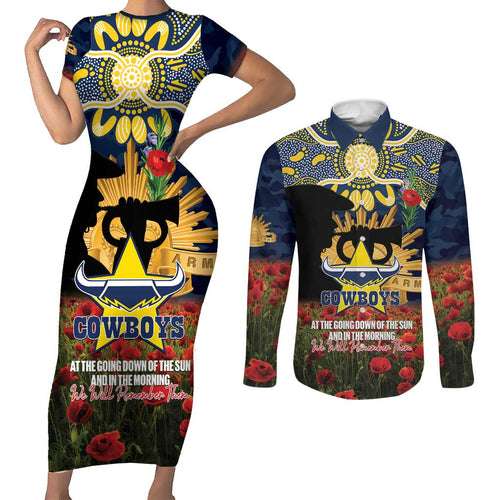 Personalised Cowboys Rugby ANZAC Day Couples Matching Short Sleeve Bodycon Dress and Long Sleeve Button Shirt Last Post Poppy We Will Remember Them