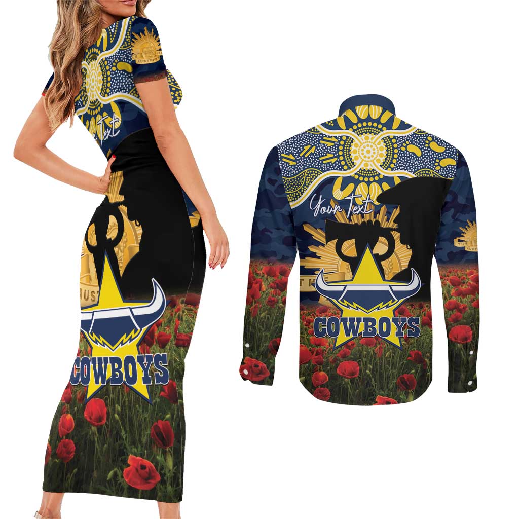 Personalised Cowboys Rugby ANZAC Day Couples Matching Short Sleeve Bodycon Dress and Long Sleeve Button Shirt Last Post Poppy We Will Remember Them