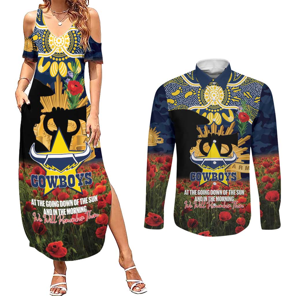 Personalised Cowboys Rugby ANZAC Day Couples Matching Summer Maxi Dress and Long Sleeve Button Shirt Last Post Poppy We Will Remember Them