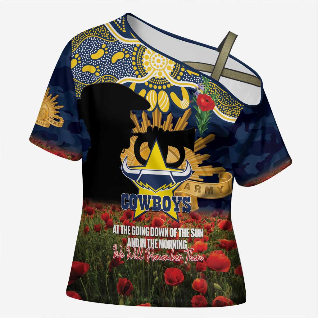 Personalised Cowboys Rugby ANZAC Day Cross Shoulder Shirt Last Post Poppy We Will Remember Them