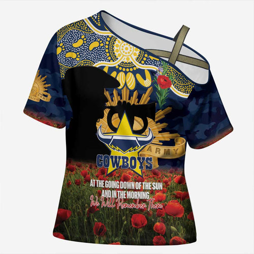 Personalised Cowboys Rugby ANZAC Day Cross Shoulder Shirt Last Post Poppy We Will Remember Them