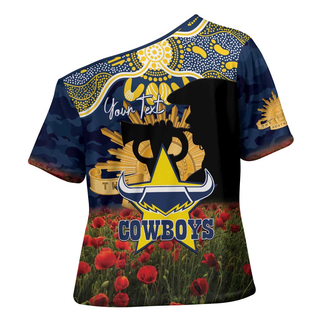Personalised Cowboys Rugby ANZAC Day Cross Shoulder Shirt Last Post Poppy We Will Remember Them