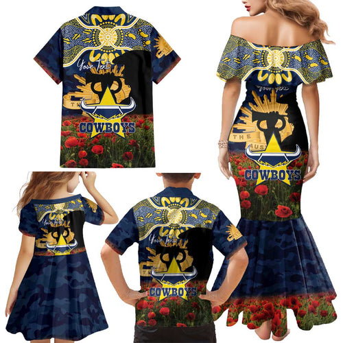 Personalised Cowboys Rugby ANZAC Day Family Matching Mermaid Dress and Hawaiian Shirt Last Post Poppy We Will Remember Them