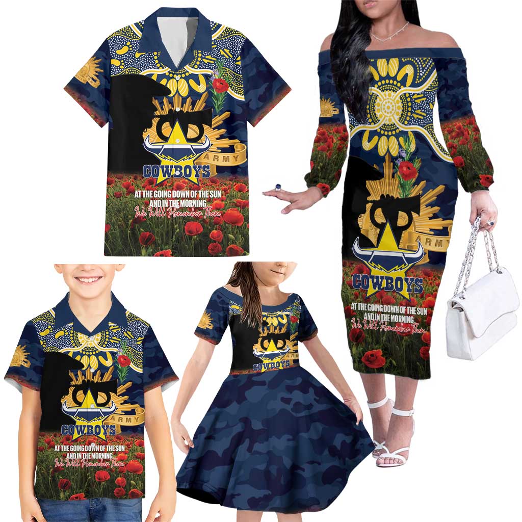 Personalised Cowboys Rugby ANZAC Day Family Matching Off The Shoulder Long Sleeve Dress and Hawaiian Shirt Last Post Poppy We Will Remember Them