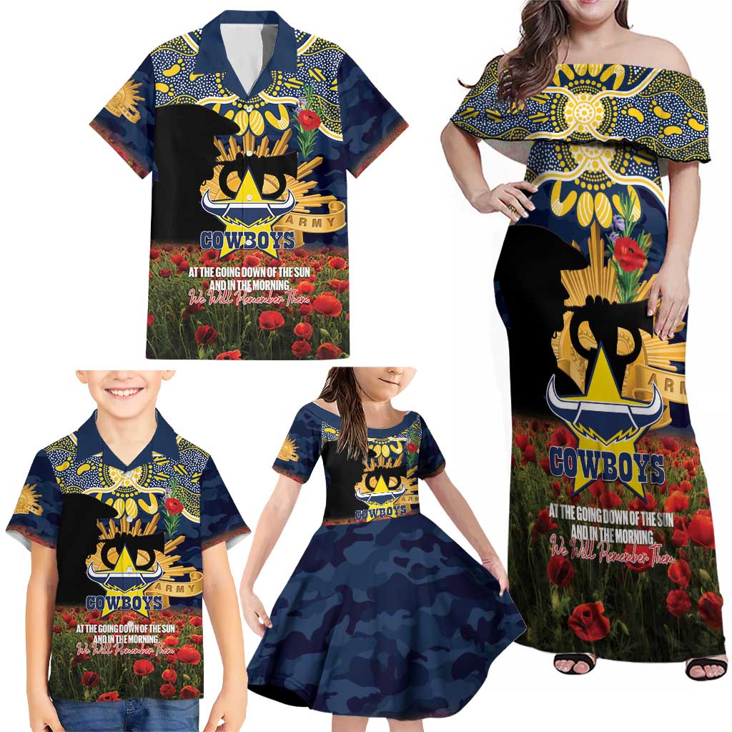 Personalised Cowboys Rugby ANZAC Day Family Matching Off Shoulder Maxi Dress and Hawaiian Shirt Last Post Poppy We Will Remember Them