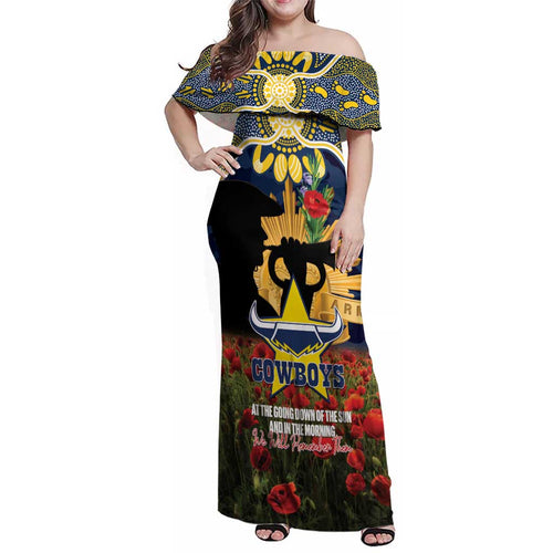 Personalised Cowboys Rugby ANZAC Day Family Matching Off Shoulder Maxi Dress and Hawaiian Shirt Last Post Poppy We Will Remember Them