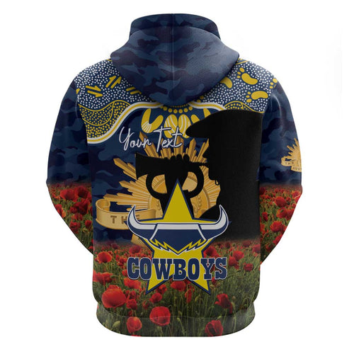 Personalised Cowboys Rugby ANZAC Day Hoodie Last Post Poppy We Will Remember Them