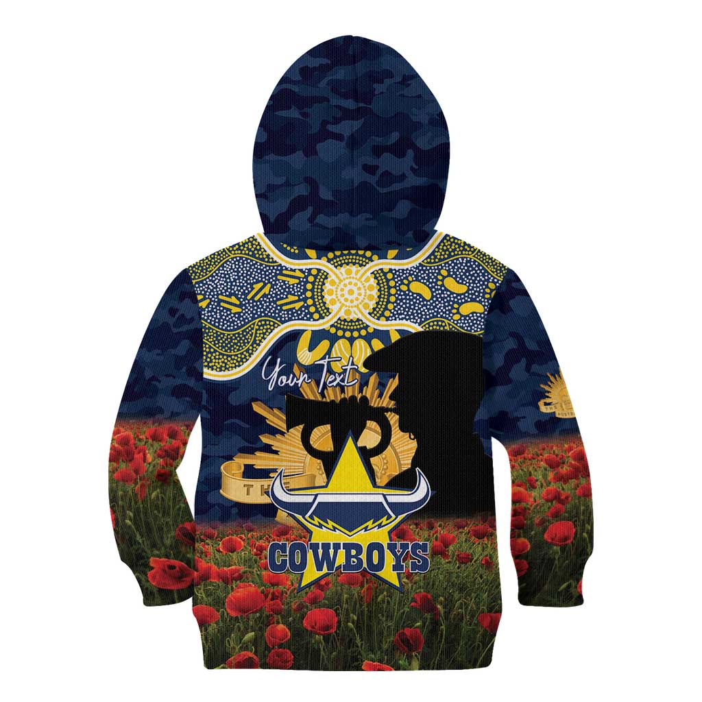 Personalised Cowboys Rugby ANZAC Day Kid Hoodie Last Post Poppy We Will Remember Them