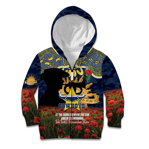 Personalised Cowboys Rugby ANZAC Day Kid Hoodie Last Post Poppy We Will Remember Them