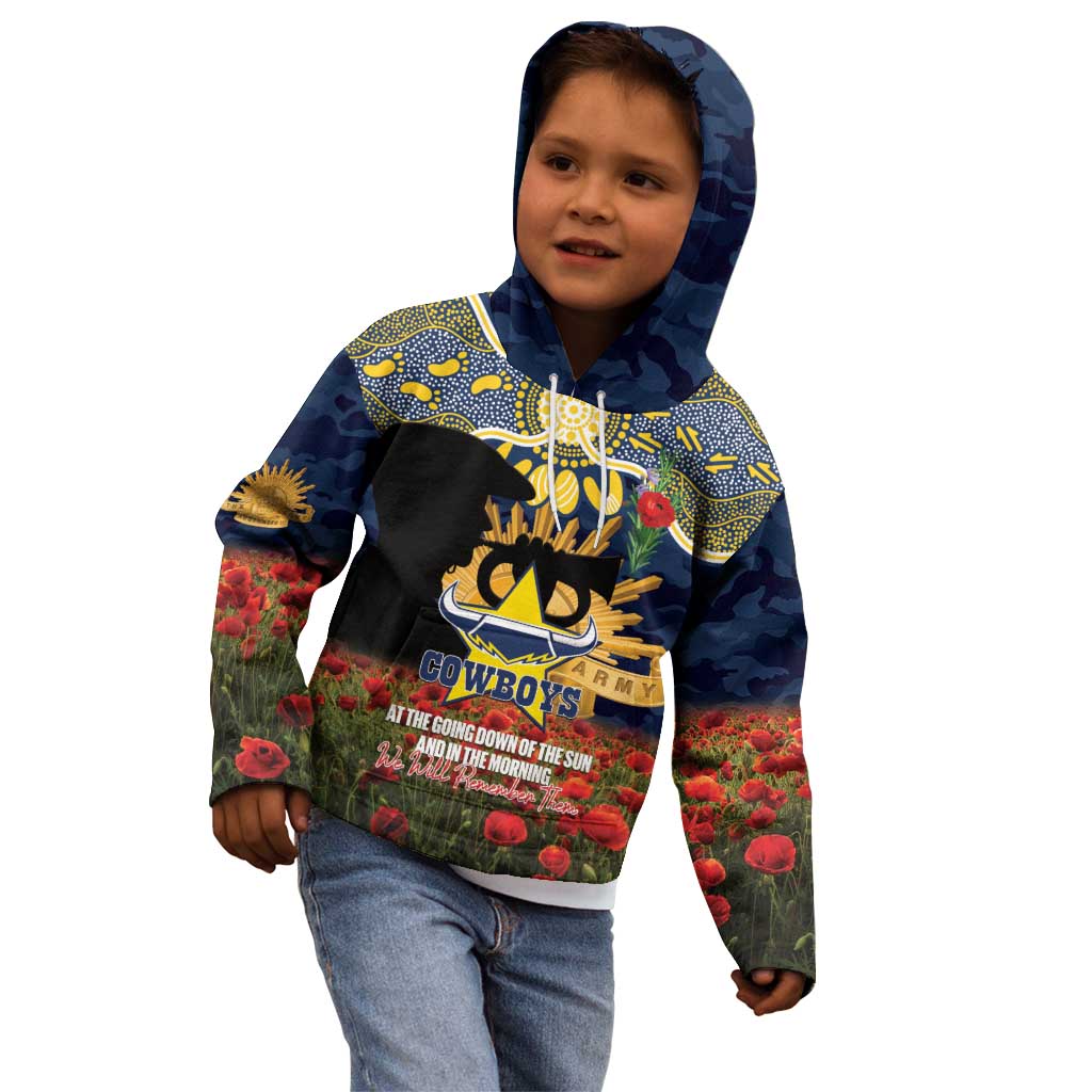 Personalised Cowboys Rugby ANZAC Day Kid Hoodie Last Post Poppy We Will Remember Them