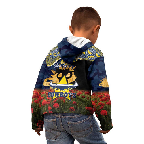 Personalised Cowboys Rugby ANZAC Day Kid Hoodie Last Post Poppy We Will Remember Them