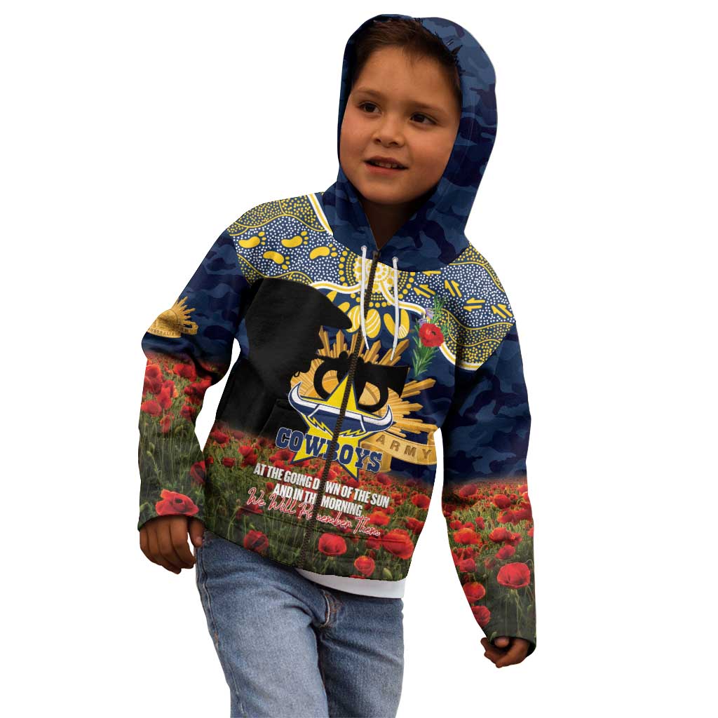 Personalised Cowboys Rugby ANZAC Day Kid Hoodie Last Post Poppy We Will Remember Them
