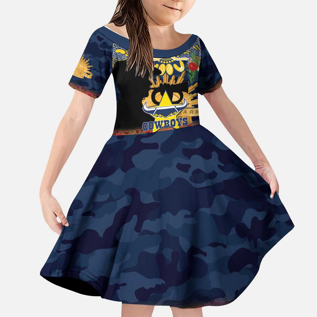Personalised Cowboys Rugby ANZAC Day Kid Short Sleeve Dress Last Post Poppy We Will Remember Them