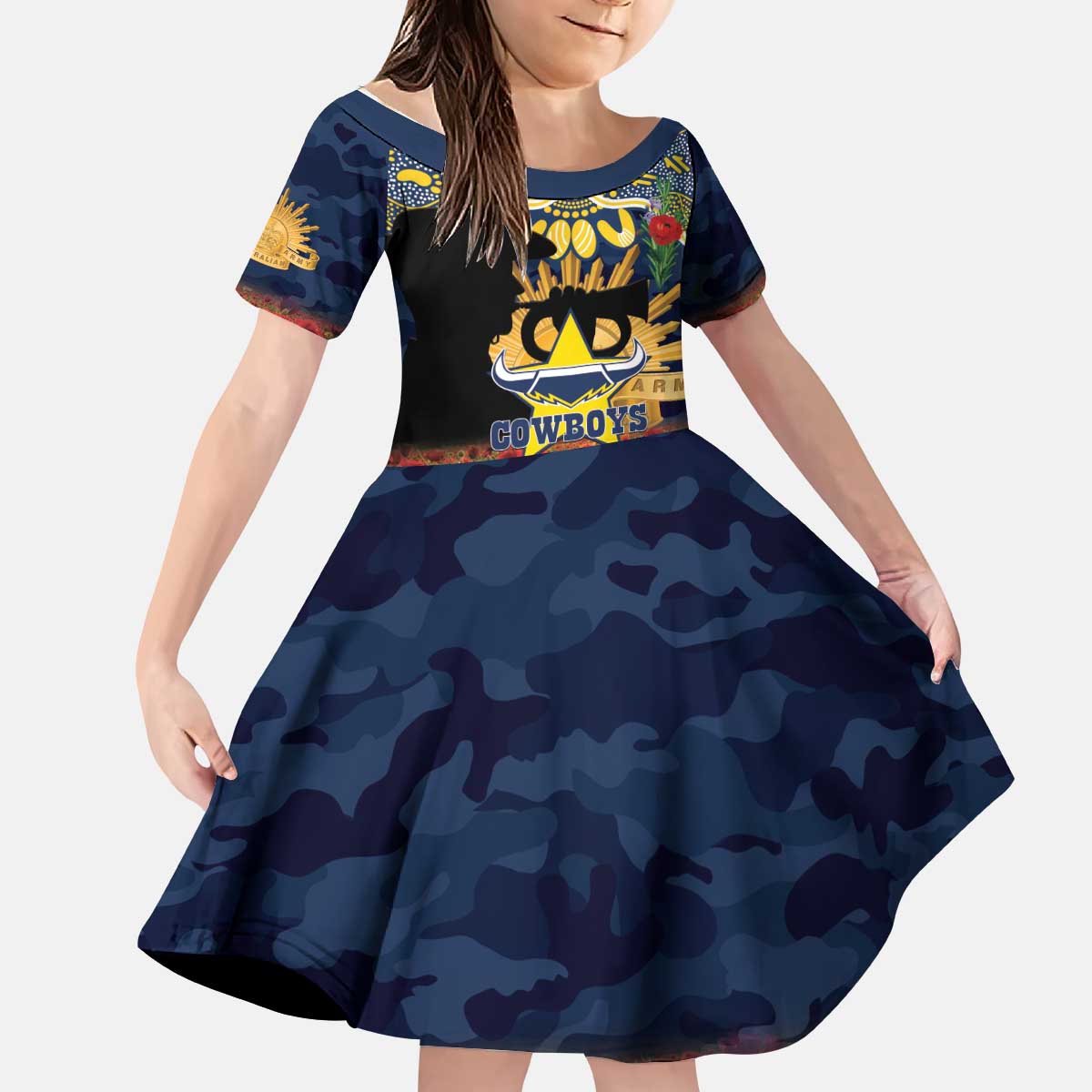 Personalised Cowboys Rugby ANZAC Day Kid Short Sleeve Dress Last Post Poppy We Will Remember Them