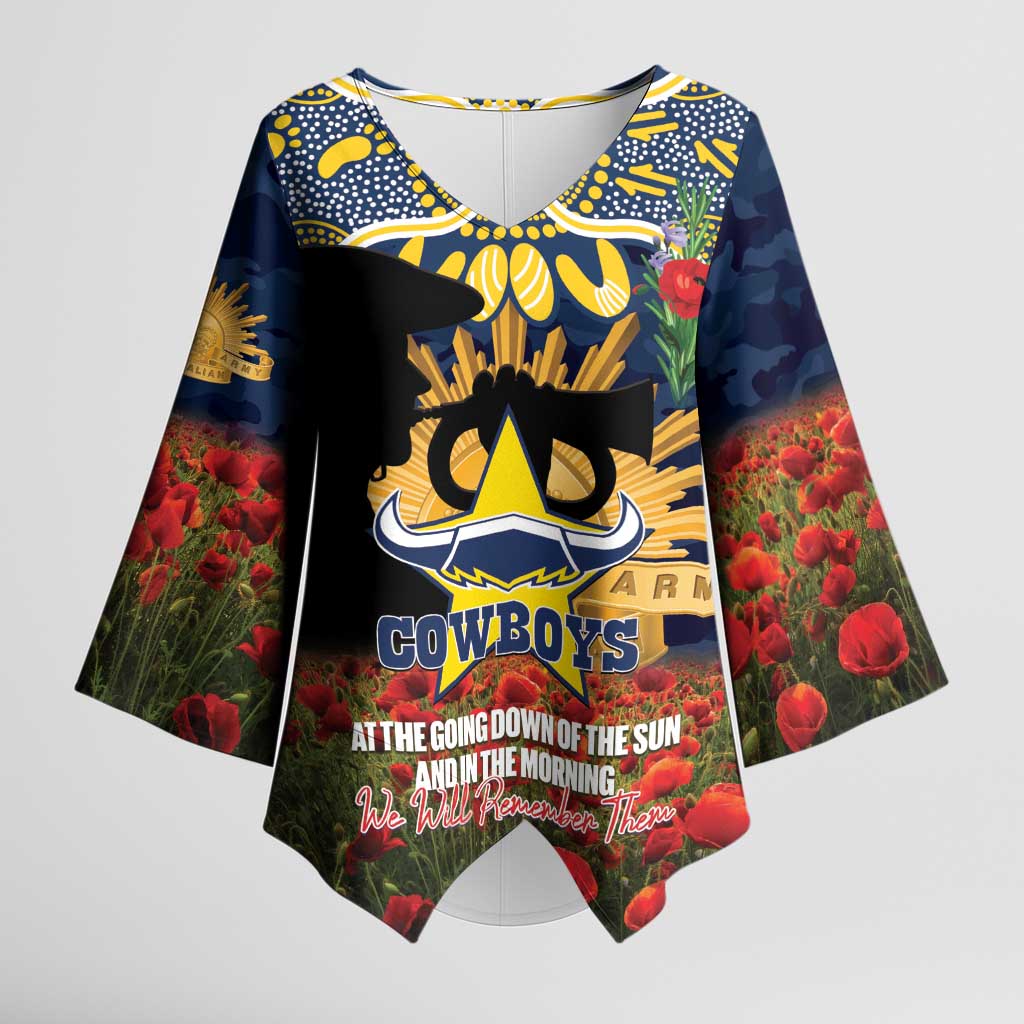 Personalised Cowboys Rugby ANZAC Day Kimono Sleeve Blouse Last Post Poppy We Will Remember Them