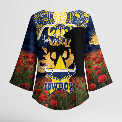 Personalised Cowboys Rugby ANZAC Day Kimono Sleeve Blouse Last Post Poppy We Will Remember Them