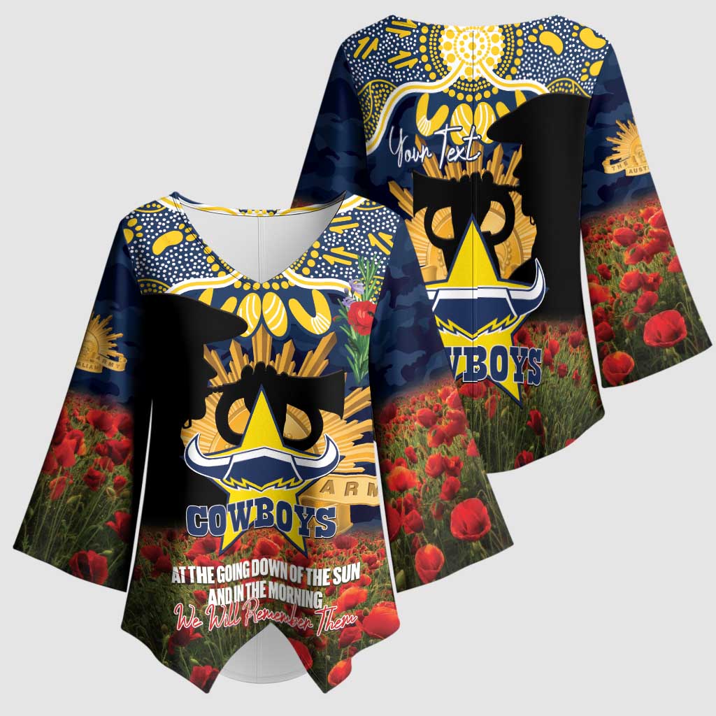Personalised Cowboys Rugby ANZAC Day Kimono Sleeve Blouse Last Post Poppy We Will Remember Them