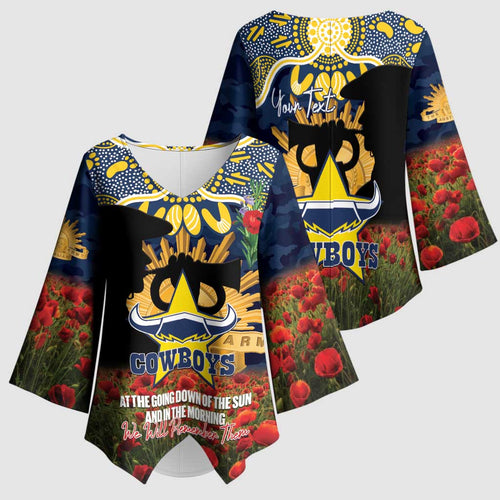 Personalised Cowboys Rugby ANZAC Day Kimono Sleeve Blouse Last Post Poppy We Will Remember Them