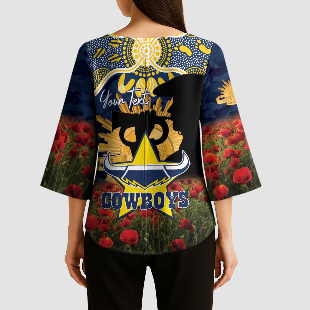 Personalised Cowboys Rugby ANZAC Day Kimono Sleeve Blouse Last Post Poppy We Will Remember Them