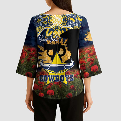 Personalised Cowboys Rugby ANZAC Day Kimono Sleeve Blouse Last Post Poppy We Will Remember Them
