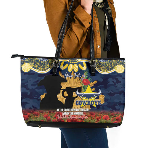 Personalised Cowboys Rugby ANZAC Day Leather Tote Bag Last Post Poppy We Will Remember Them