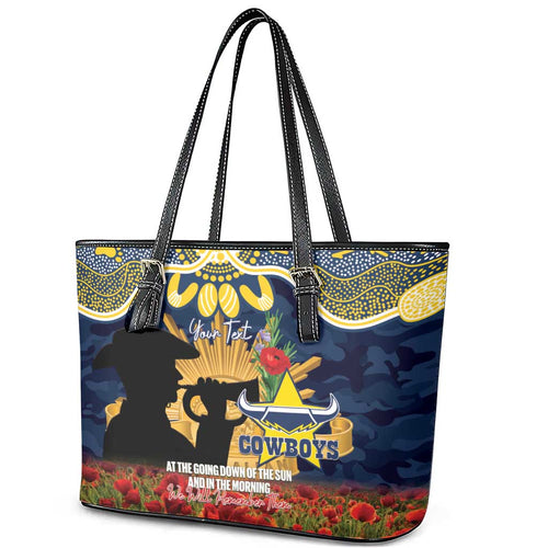 Personalised Cowboys Rugby ANZAC Day Leather Tote Bag Last Post Poppy We Will Remember Them