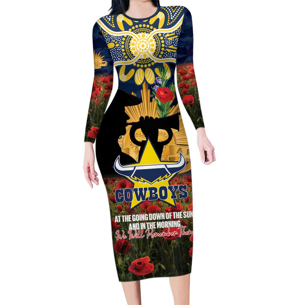 Personalised Cowboys Rugby ANZAC Day Long Sleeve Bodycon Dress Last Post Poppy We Will Remember Them