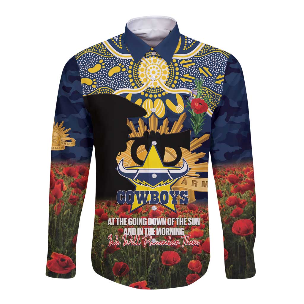Personalised Cowboys Rugby ANZAC Day Long Sleeve Button Shirt Last Post Poppy We Will Remember Them