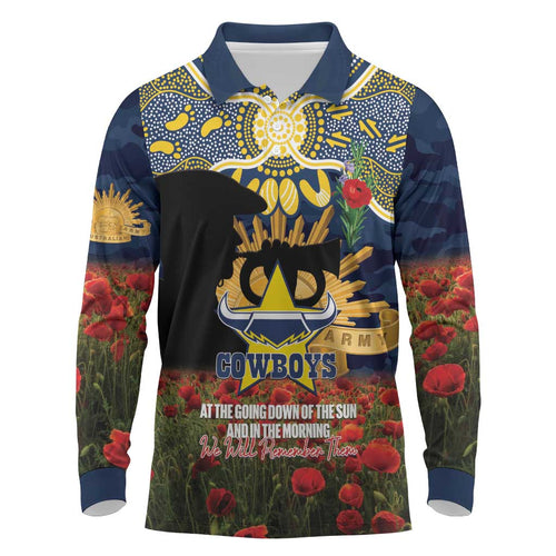 Personalised Cowboys Rugby ANZAC Day Long Sleeve Polo Shirt Last Post Poppy We Will Remember Them