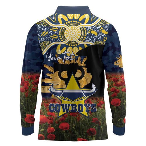 Personalised Cowboys Rugby ANZAC Day Long Sleeve Polo Shirt Last Post Poppy We Will Remember Them