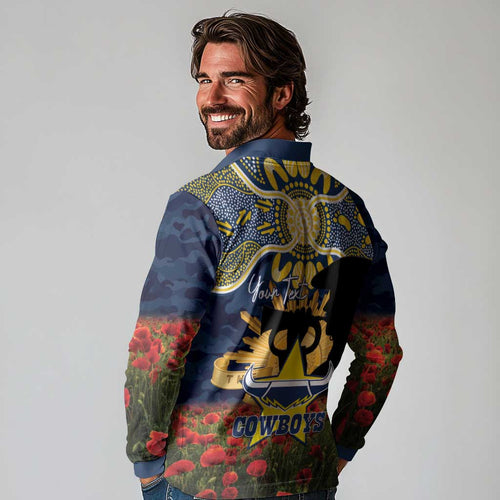 Personalised Cowboys Rugby ANZAC Day Long Sleeve Polo Shirt Last Post Poppy We Will Remember Them