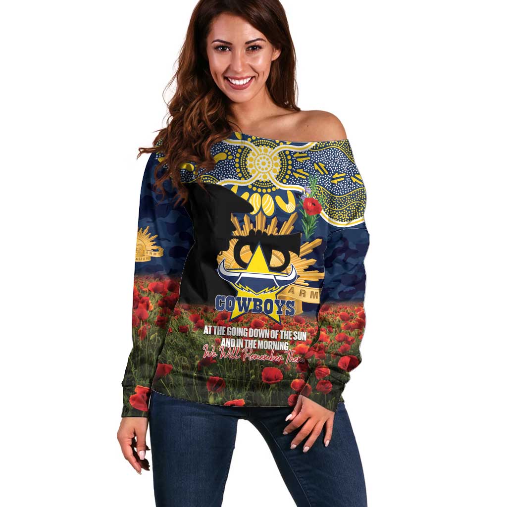 Personalised Cowboys Rugby ANZAC Day Off Shoulder Sweater Last Post Poppy We Will Remember Them