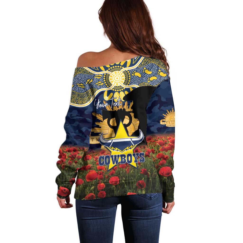 Personalised Cowboys Rugby ANZAC Day Off Shoulder Sweater Last Post Poppy We Will Remember Them