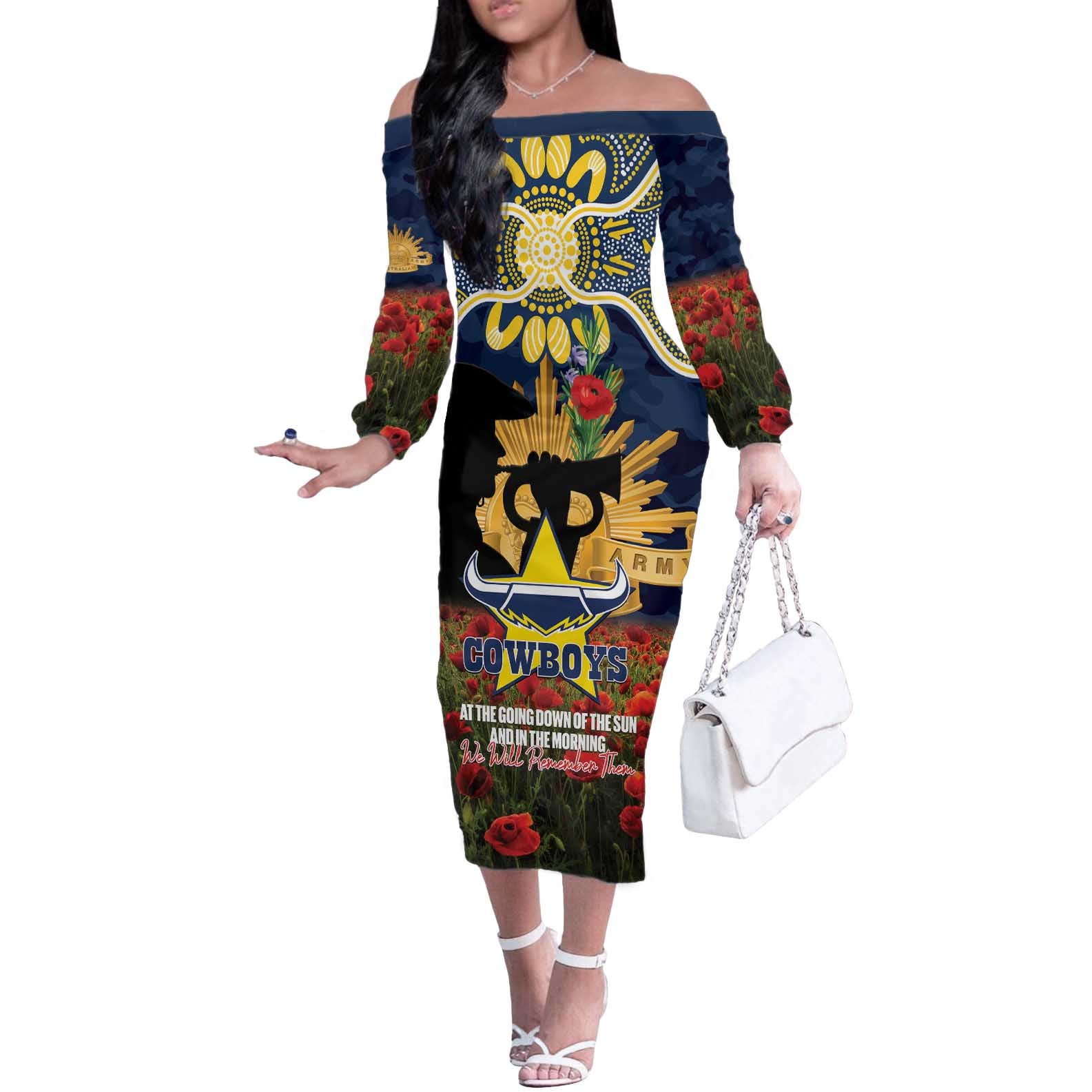 Personalised Cowboys Rugby ANZAC Day Off The Shoulder Long Sleeve Dress Last Post Poppy We Will Remember Them