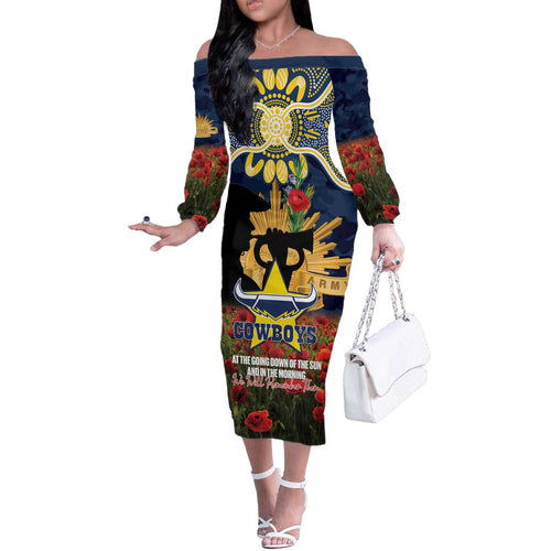 Personalised Cowboys Rugby ANZAC Day Off The Shoulder Long Sleeve Dress Last Post Poppy We Will Remember Them