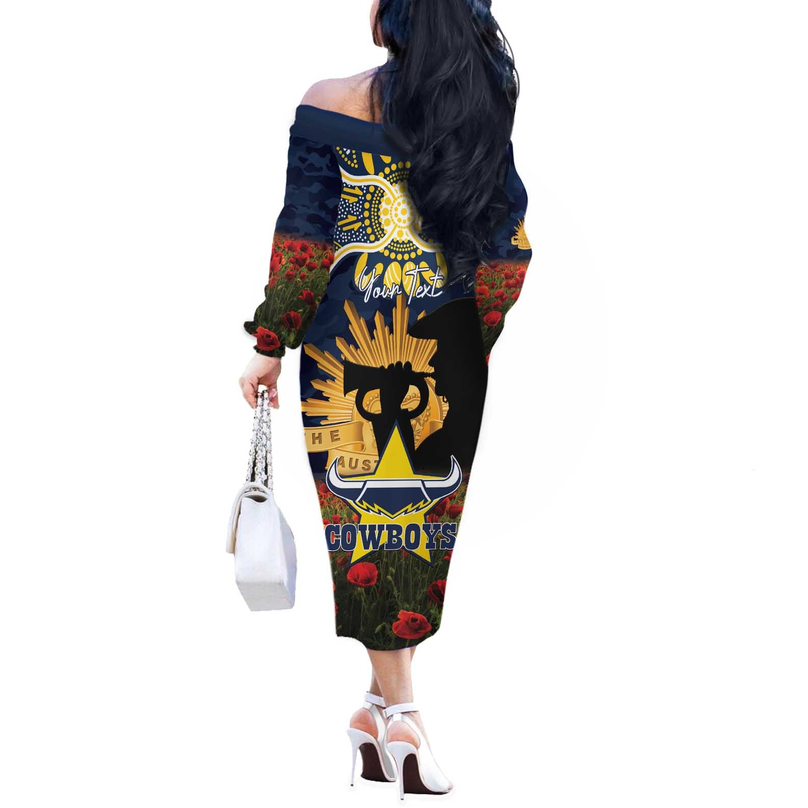 Personalised Cowboys Rugby ANZAC Day Off The Shoulder Long Sleeve Dress Last Post Poppy We Will Remember Them