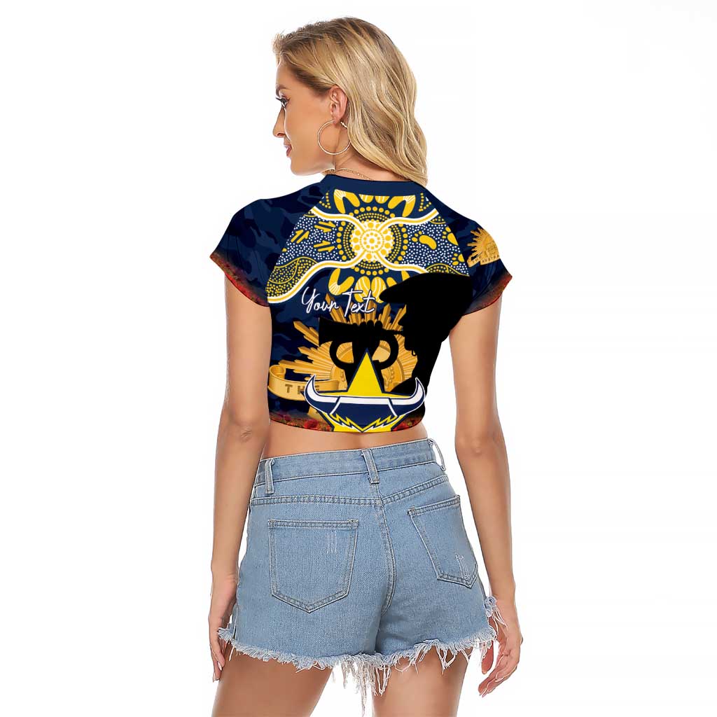 Personalised Cowboys Rugby ANZAC Day Raglan Cropped T Shirt Last Post Poppy We Will Remember Them