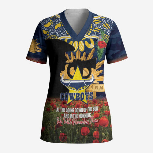 Personalised Cowboys Rugby ANZAC Day Scrub Top Last Post Poppy We Will Remember Them