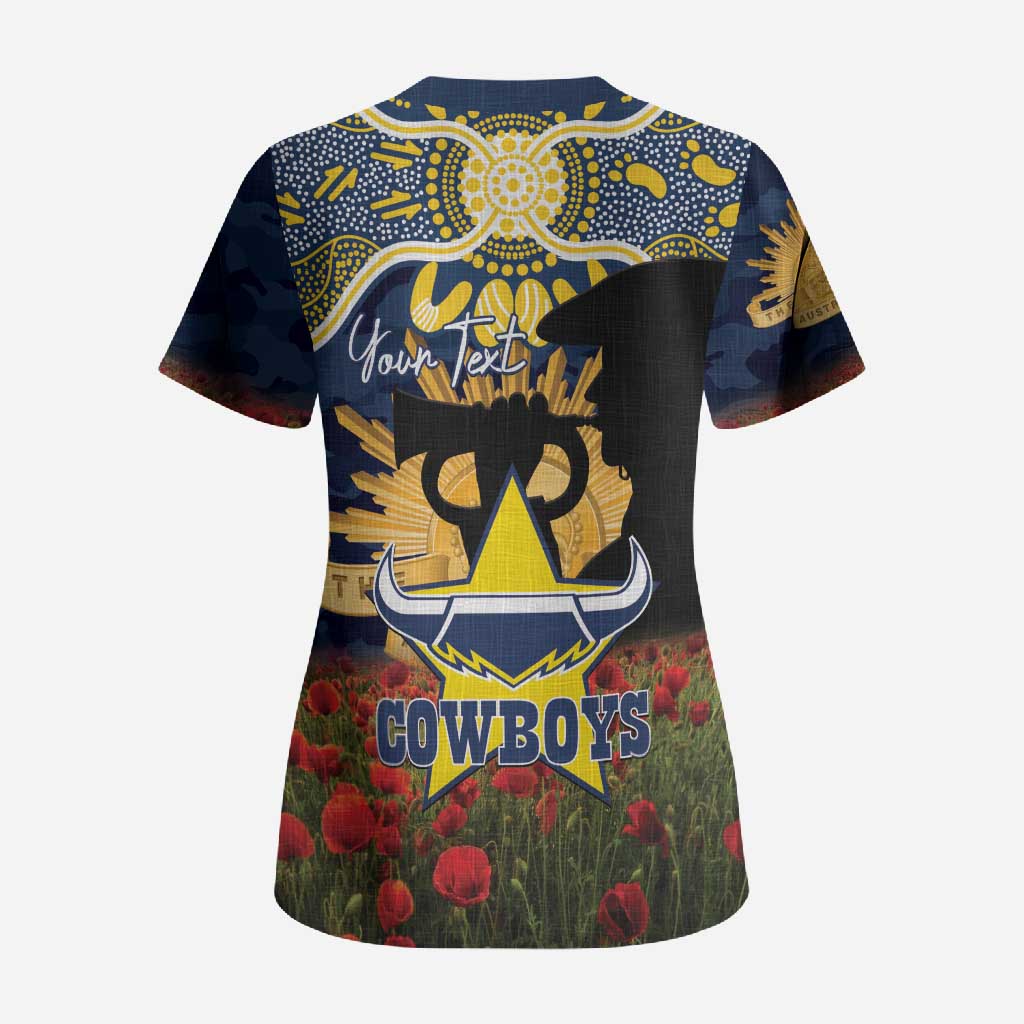 Personalised Cowboys Rugby ANZAC Day Scrub Top Last Post Poppy We Will Remember Them