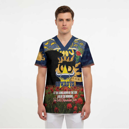 Personalised Cowboys Rugby ANZAC Day Scrub Top Last Post Poppy We Will Remember Them