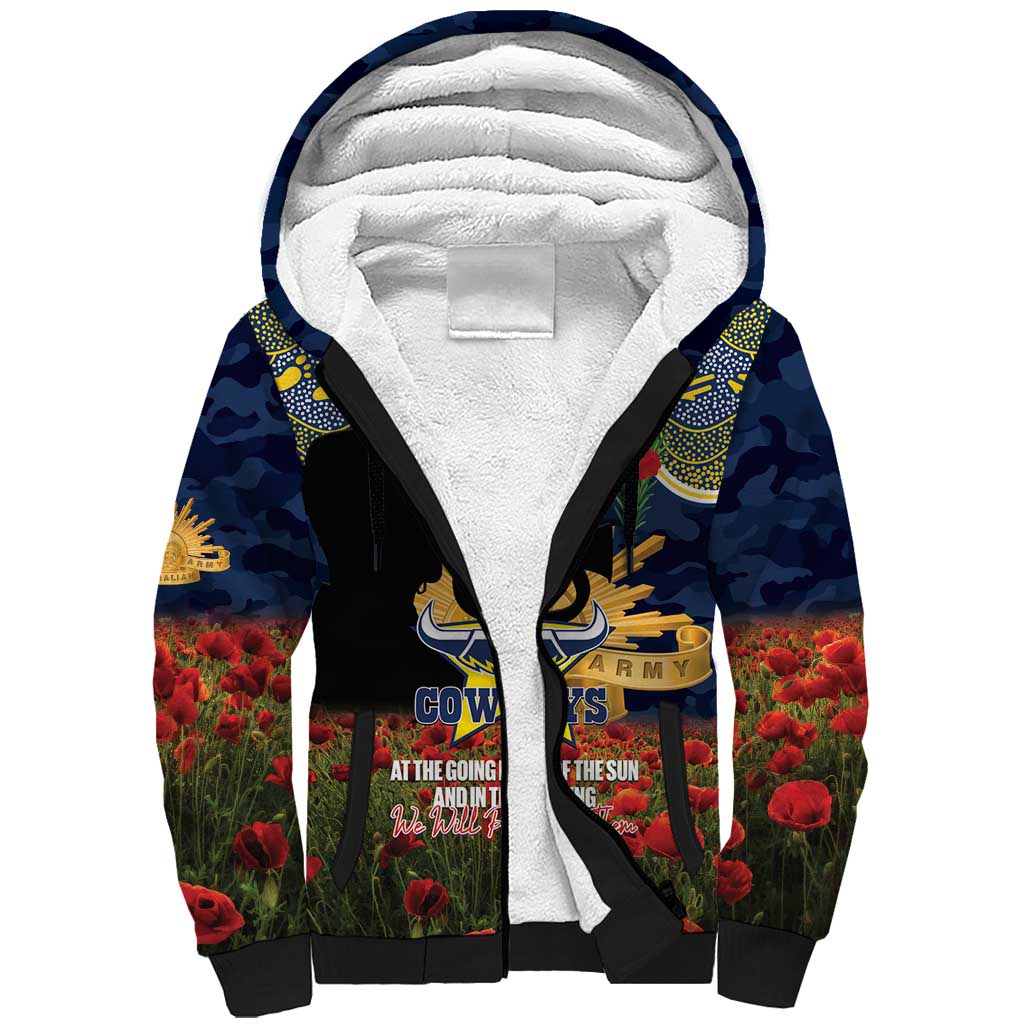Personalised Cowboys Rugby ANZAC Day Sherpa Hoodie Last Post Poppy We Will Remember Them