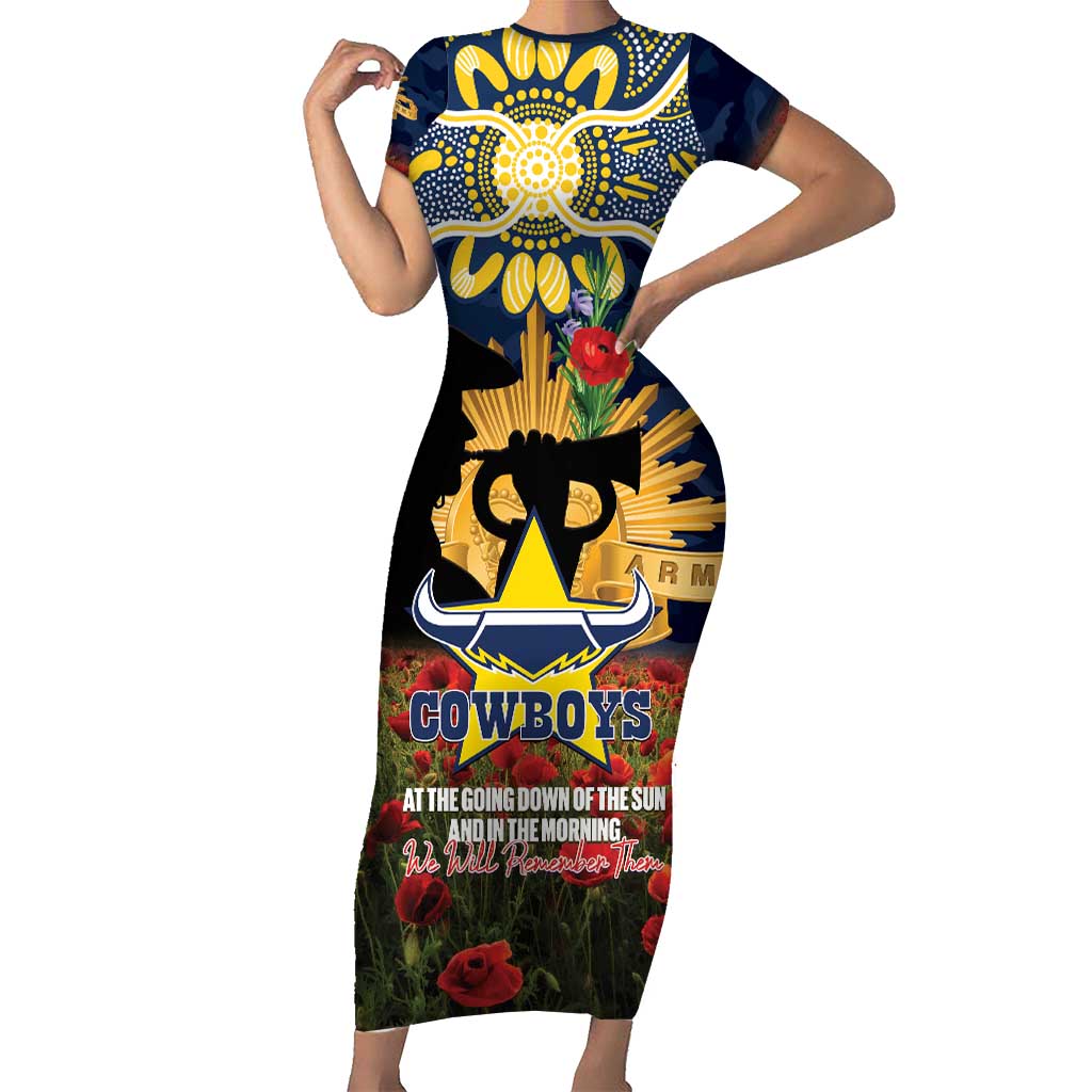 Personalised Cowboys Rugby ANZAC Day Short Sleeve Bodycon Dress Last Post Poppy We Will Remember Them